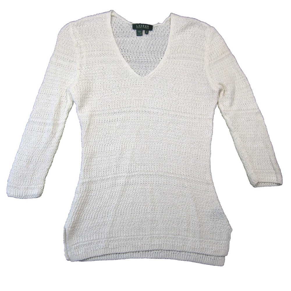 Lauren Ralph Lauren Linen Sweater M Ivory Open Knit 3/4 Sleeve Clean Preppy Luxe